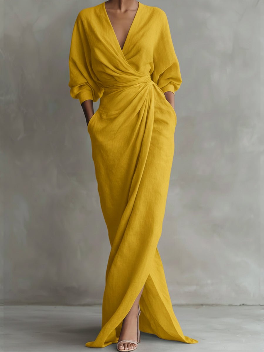 Women's Wrap Maxi Long Sleeve Dress V-Neck Ruched Side Slit - Yellow