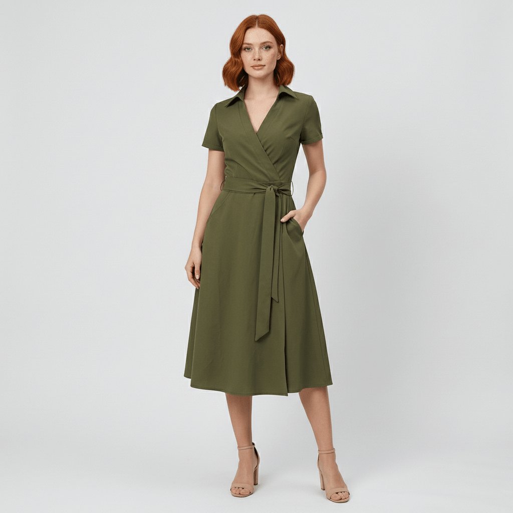 Women's Wrap-Style V-Neck A-Line Midi Dress Waist Tie - Olive Green