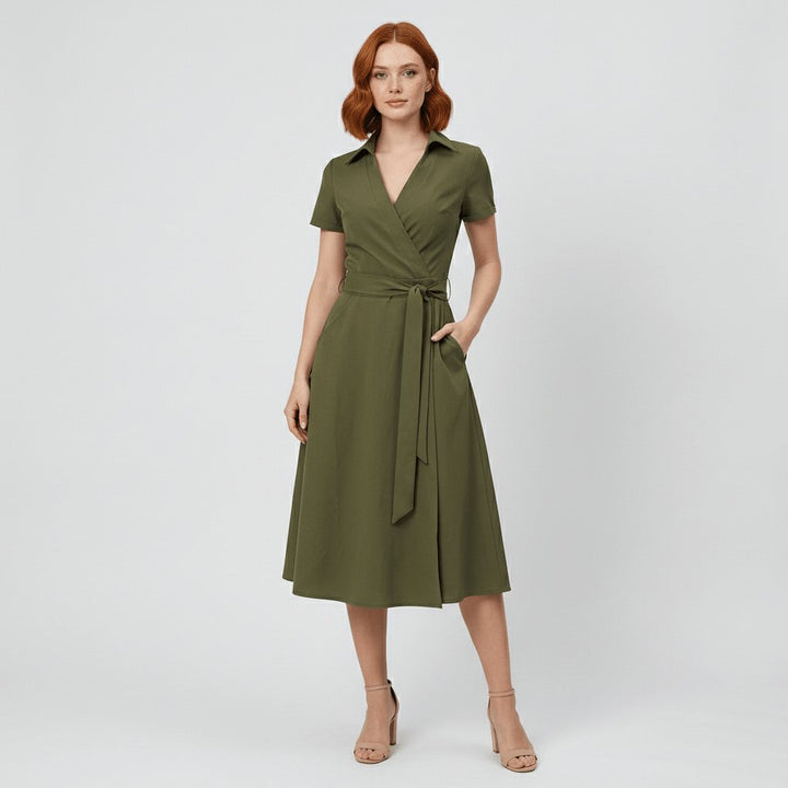 Women's Wrap-Style V-Neck A-Line Midi Dress Waist Tie - Olive Green