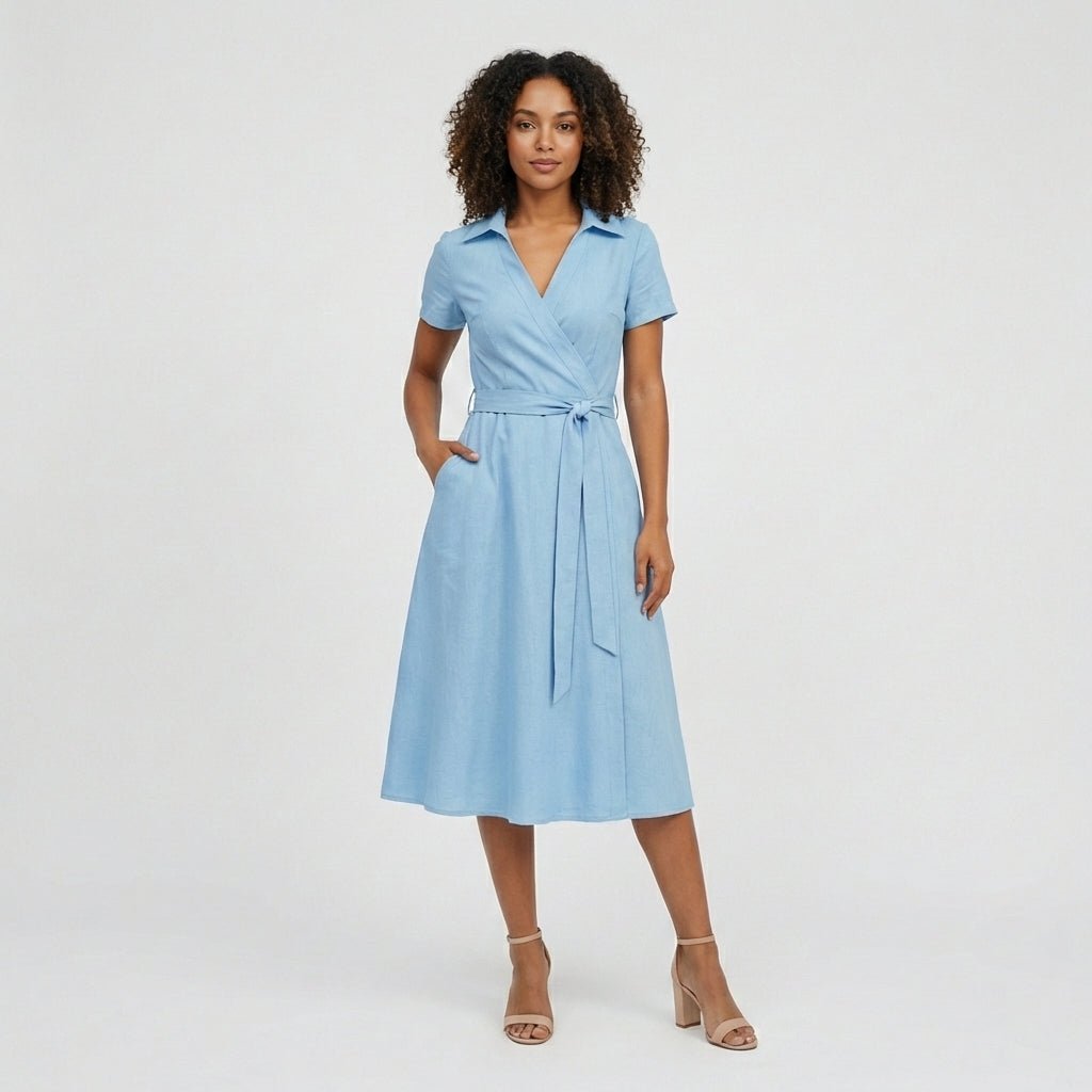 Women's Wrap-Style V-Neck A-Line Midi Dress Waist Tie - Sky Blue