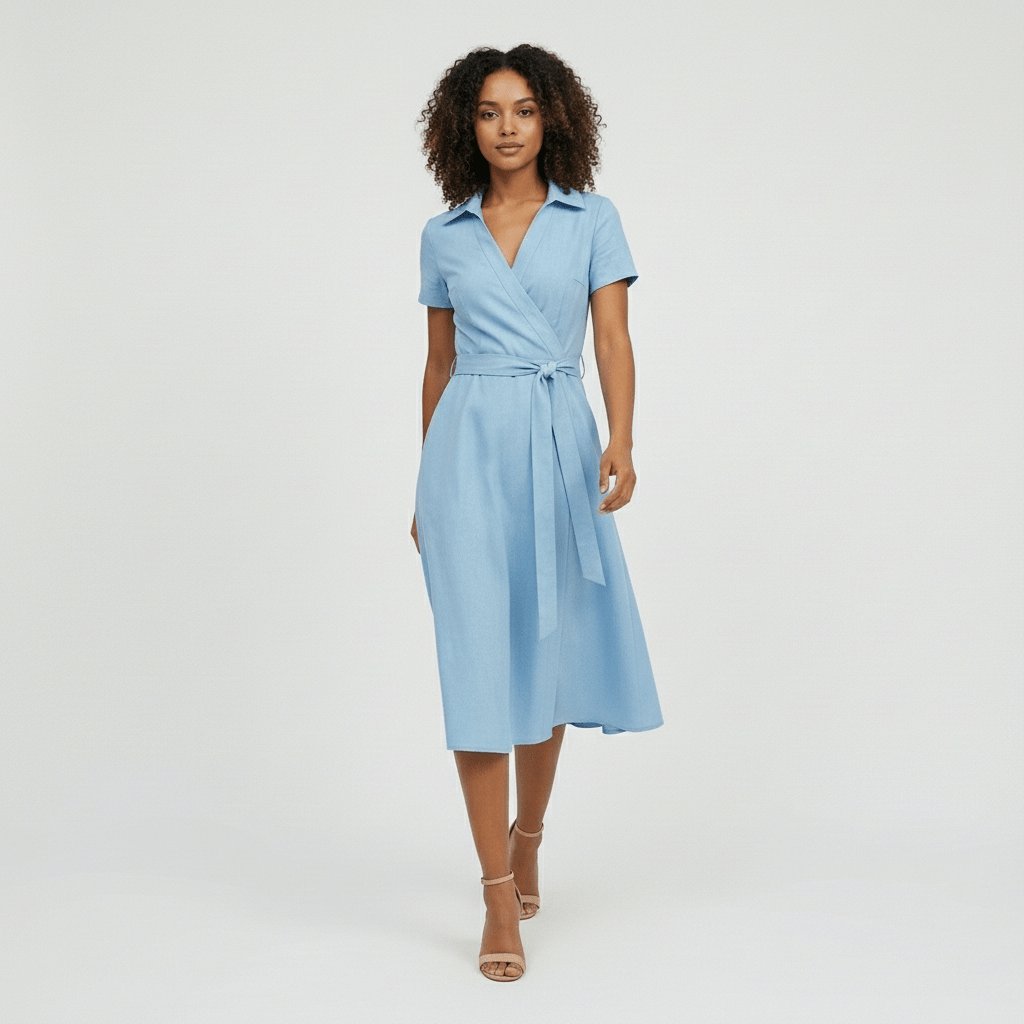 Women's Wrap-Style V-Neck A-Line Midi Dress Waist Tie