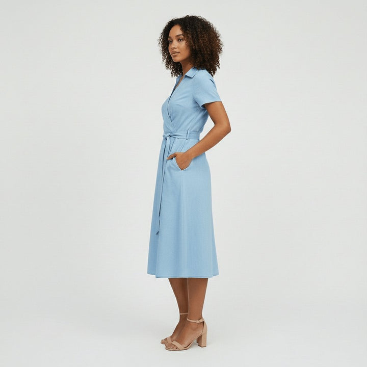 Women's Wrap-Style V-Neck A-Line Midi Dress Waist Tie