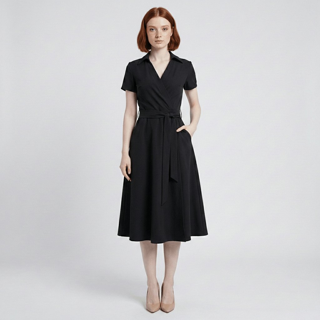 Women's Wrap-Style V-Neck A-Line Midi Dress Waist Tie - Deep Black