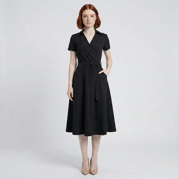Women's Wrap-Style V-Neck A-Line Midi Dress Waist Tie - Deep Black