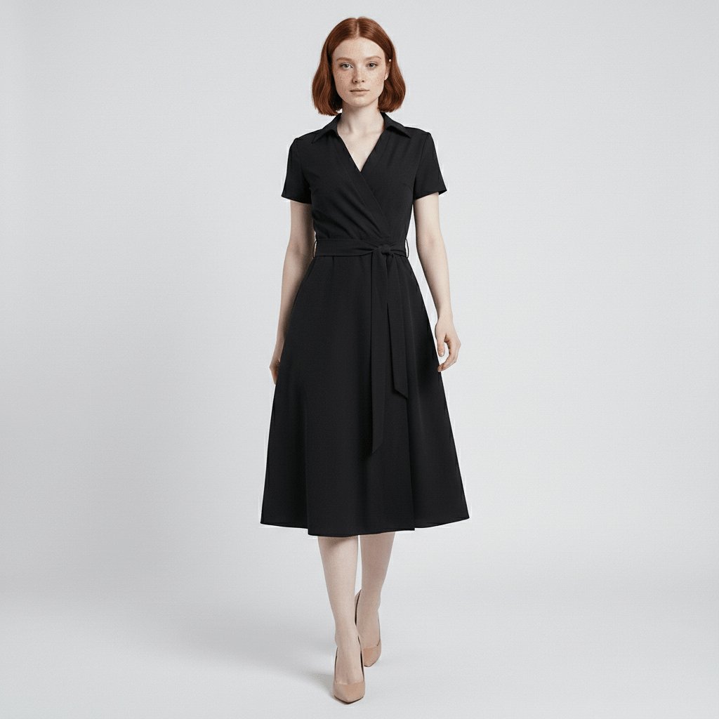 Women's Wrap-Style V-Neck A-Line Midi Dress Waist Tie