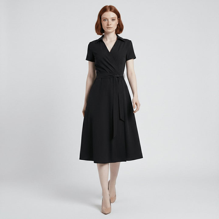 Women's Wrap-Style V-Neck A-Line Midi Dress Waist Tie