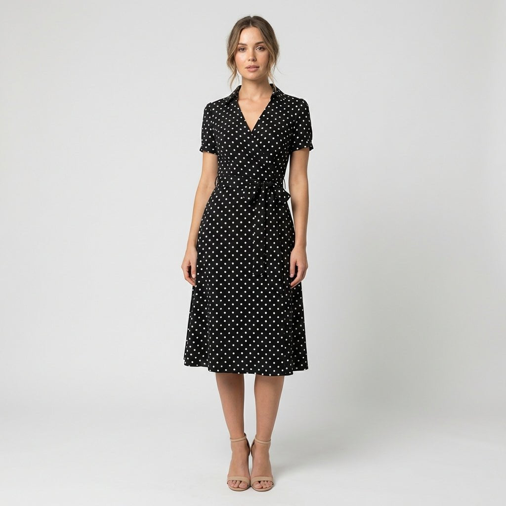Women's Wrap-Style V-Neck A-Line Midi Dress Waist Tie - Spotty Multicolour
