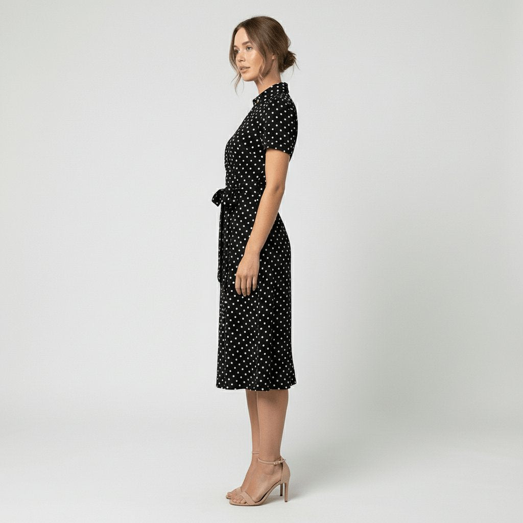 Women's Wrap-Style V-Neck A-Line Midi Dress Waist Tie