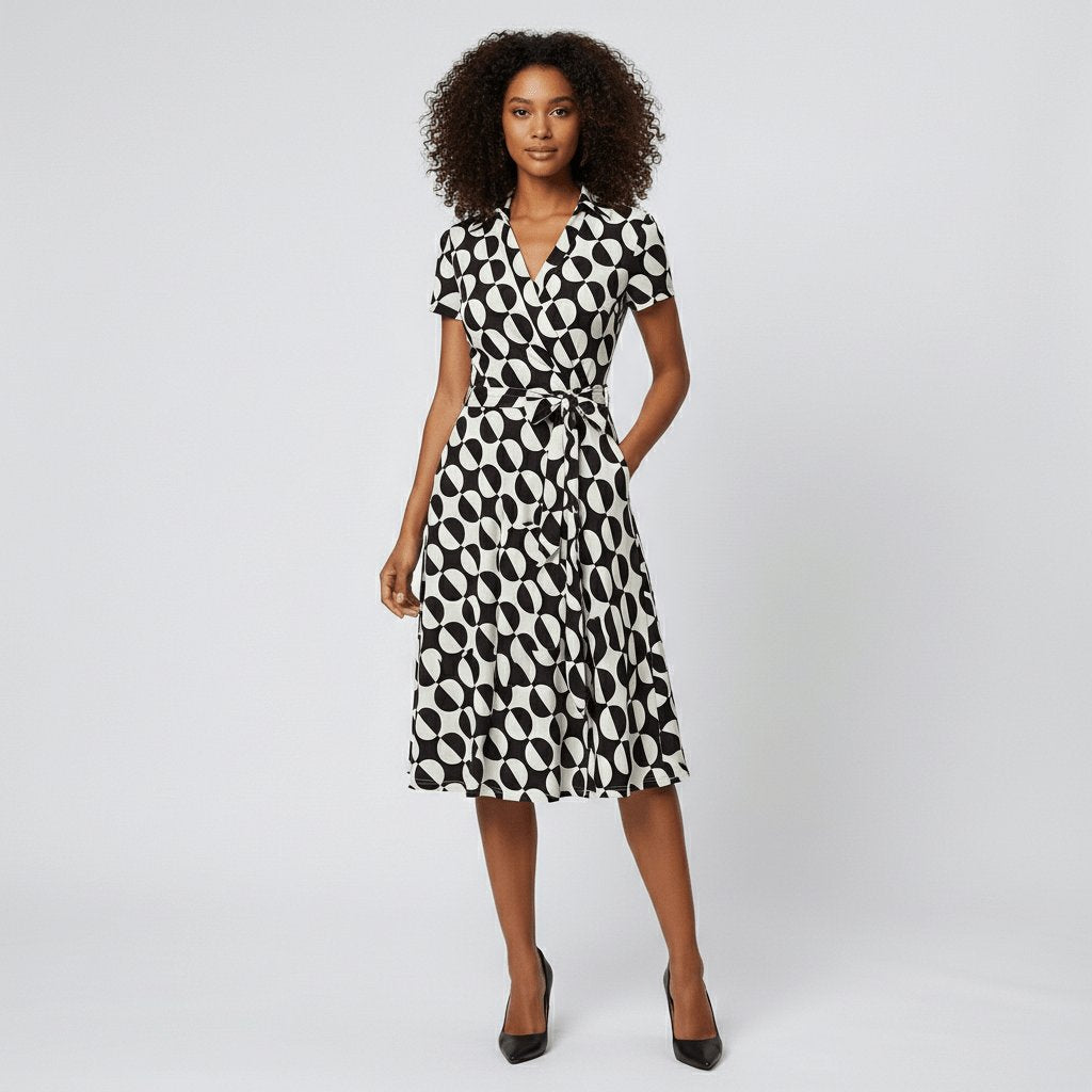Women's Wrap-Style V-Neck A-Line Midi Dress Waist Tie - Geometric Multicolour