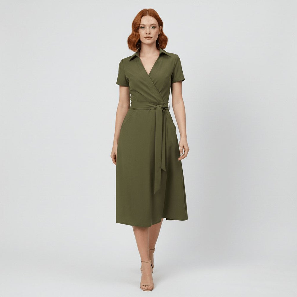 Women's Wrap-Style V-Neck A-Line Midi Dress Waist Tie
