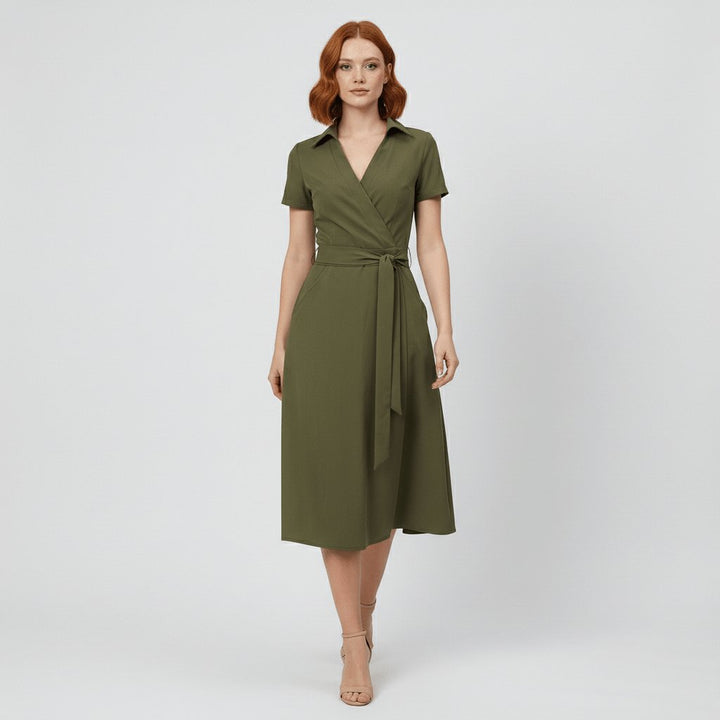 Women's Wrap-Style V-Neck A-Line Midi Dress Waist Tie