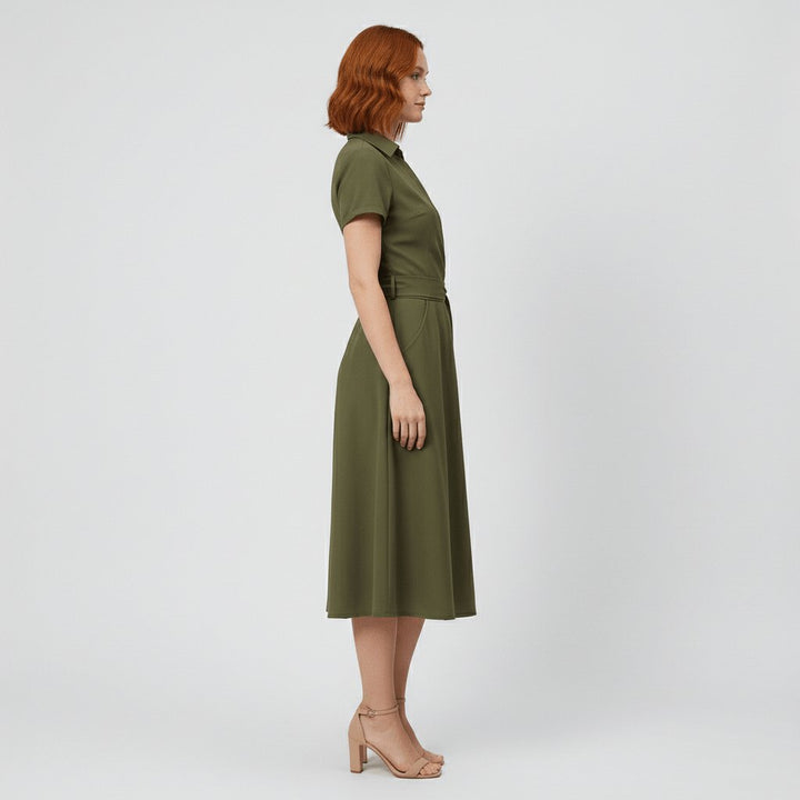Women's Wrap-Style V-Neck A-Line Midi Dress Waist Tie