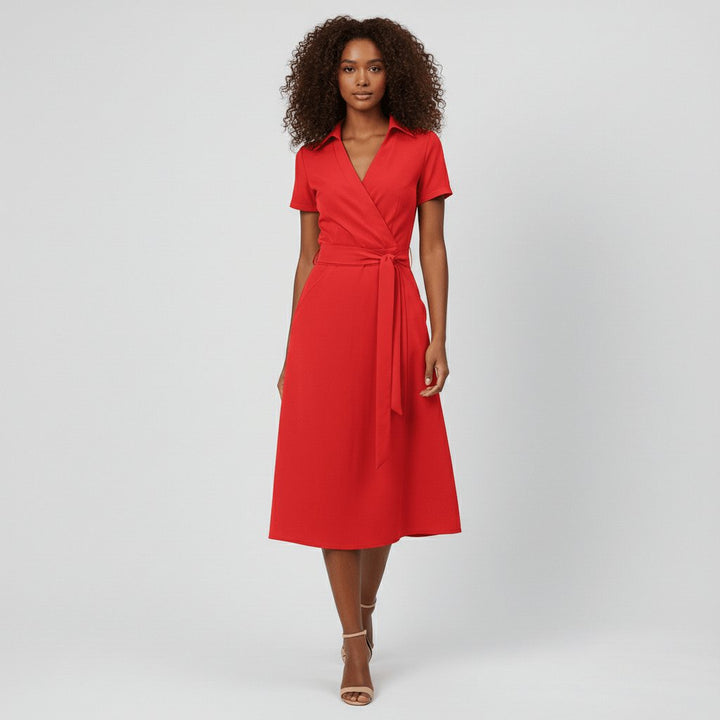 Women's Wrap-Style V-Neck A-Line Midi Dress Waist Tie - Classic Red