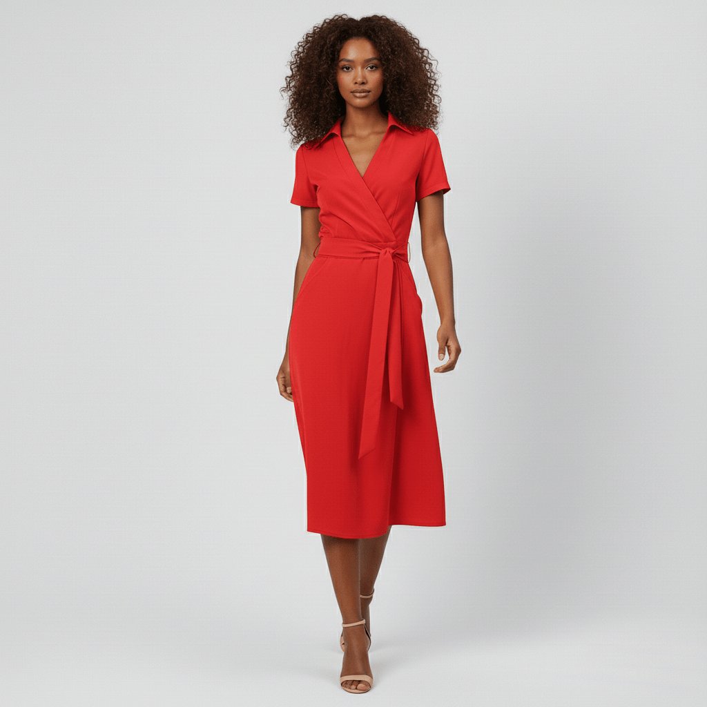 Women's Wrap-Style V-Neck A-Line Midi Dress Waist Tie