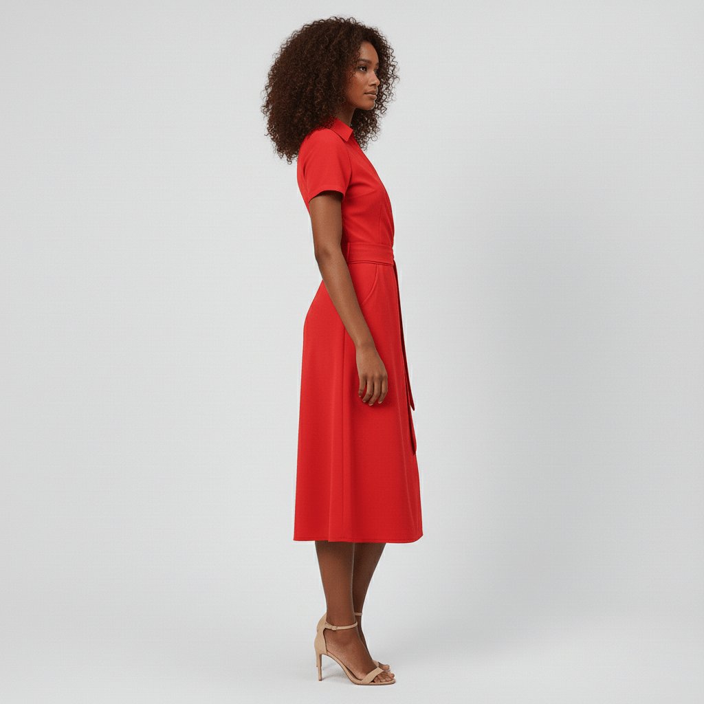 Women's Wrap-Style V-Neck A-Line Midi Dress Waist Tie