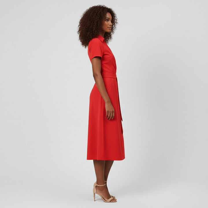 Women's Wrap-Style V-Neck A-Line Midi Dress Waist Tie
