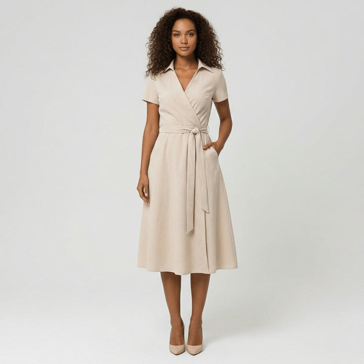 Women's Wrap-Style V-Neck A-Line Midi Dress Waist Tie - Pale Beige