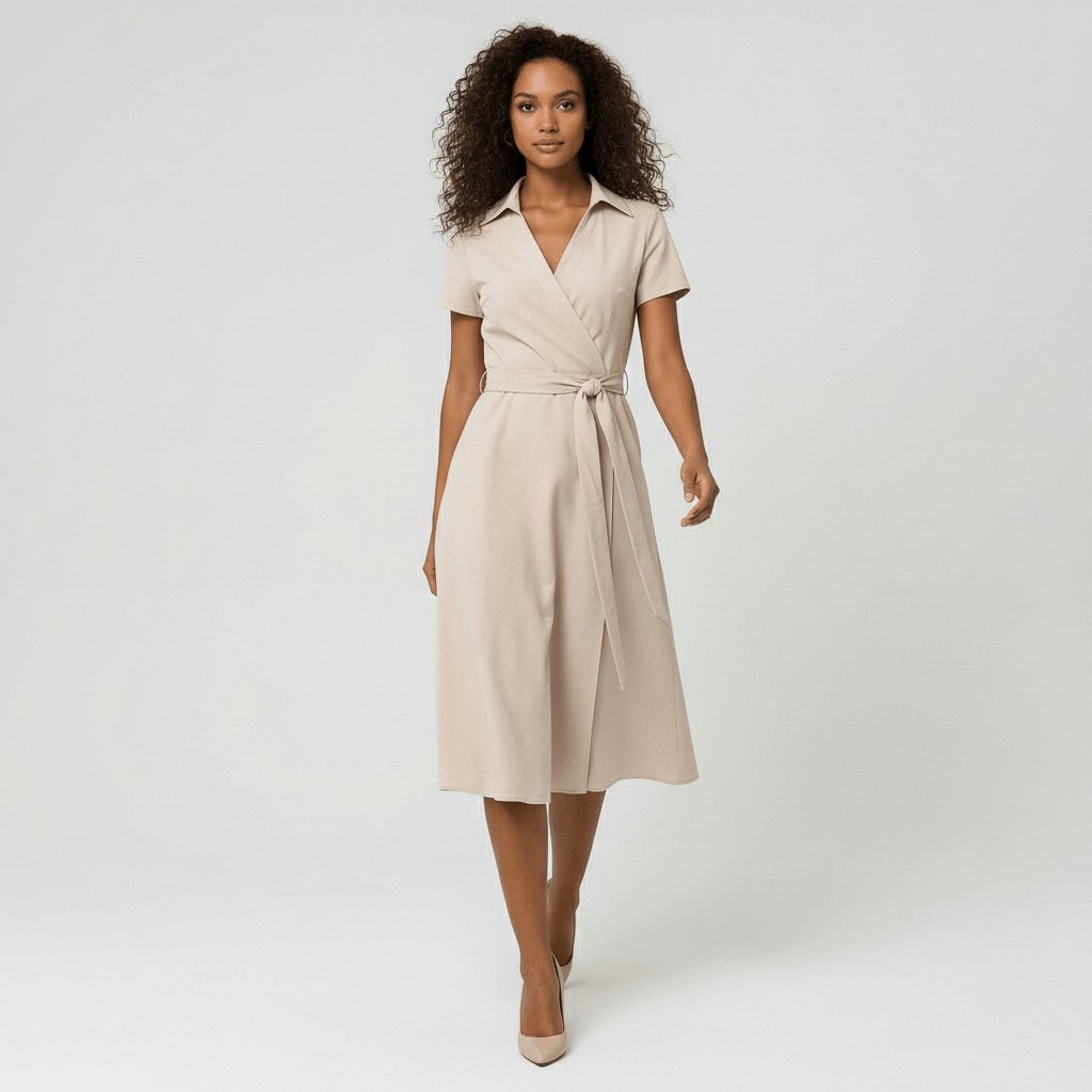 Women's Wrap-Style V-Neck A-Line Midi Dress Waist Tie