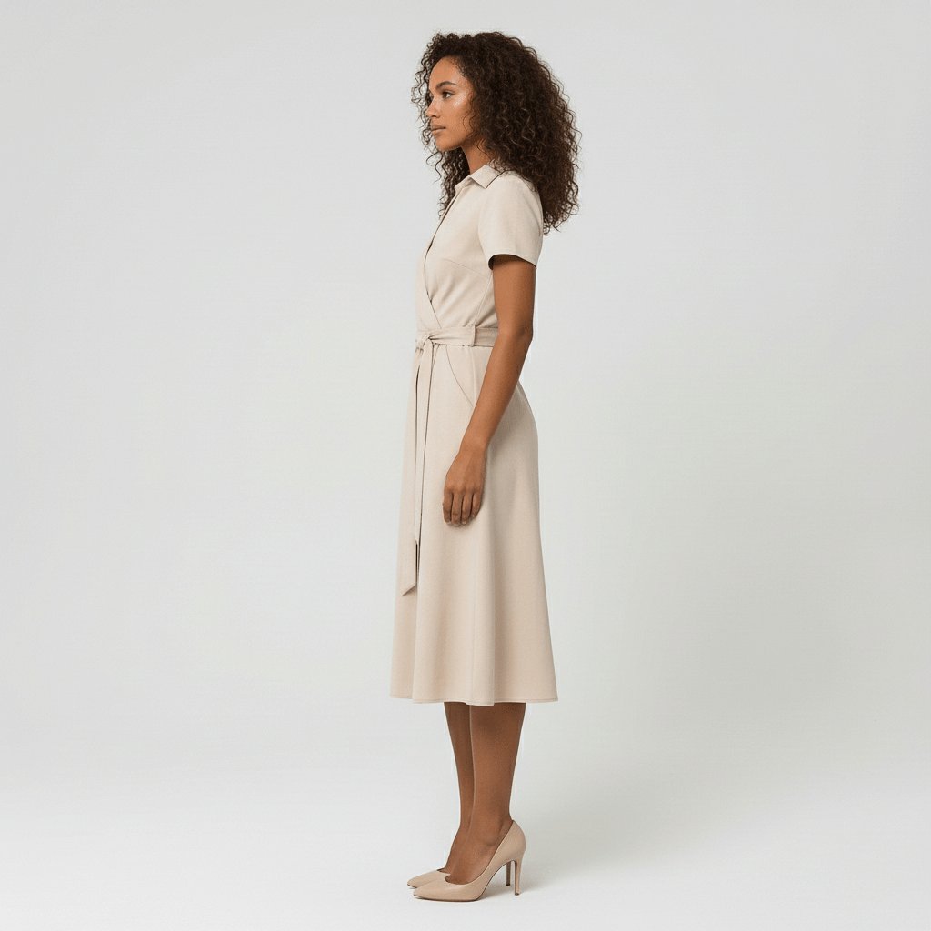 Women's Wrap-Style V-Neck A-Line Midi Dress Waist Tie