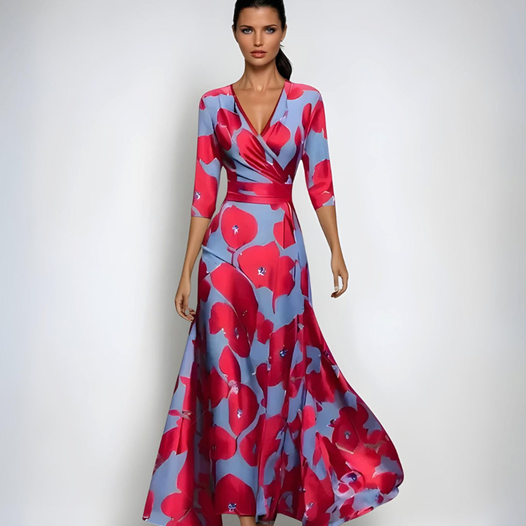 Women's Wrap V-Neck 3/4 Sleeve Maxi Floral Dress