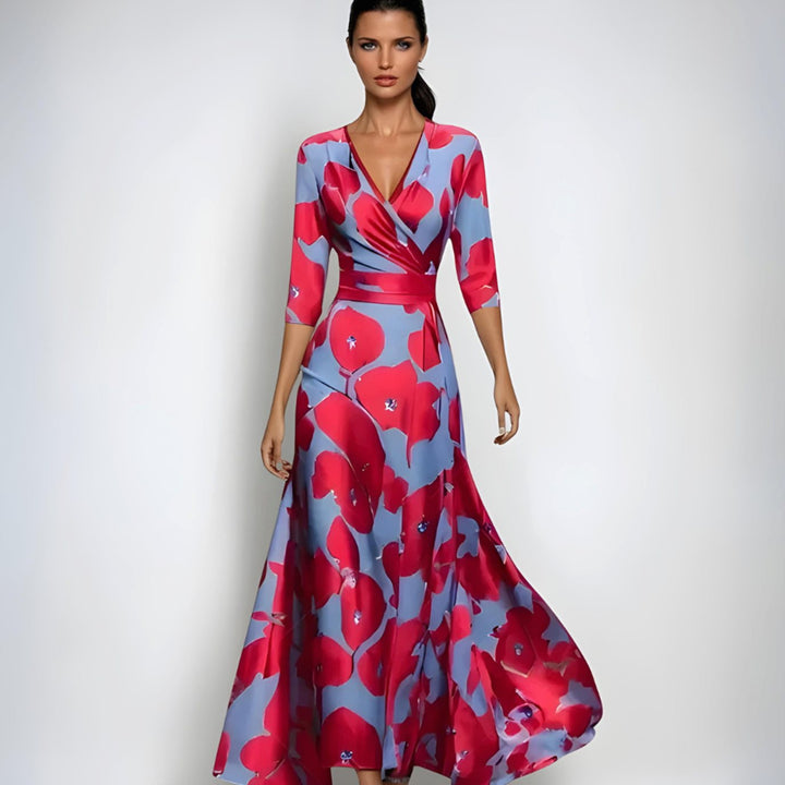 Women's Wrap V-Neck 3/4 Sleeve Maxi Floral Dress