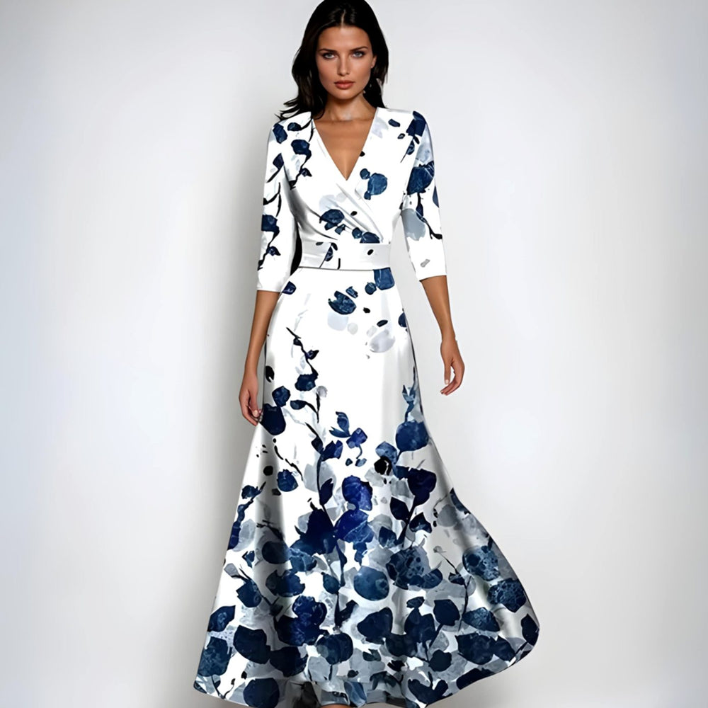 Women's Wrap V-Neck 3/4 Sleeve Maxi Floral Dress