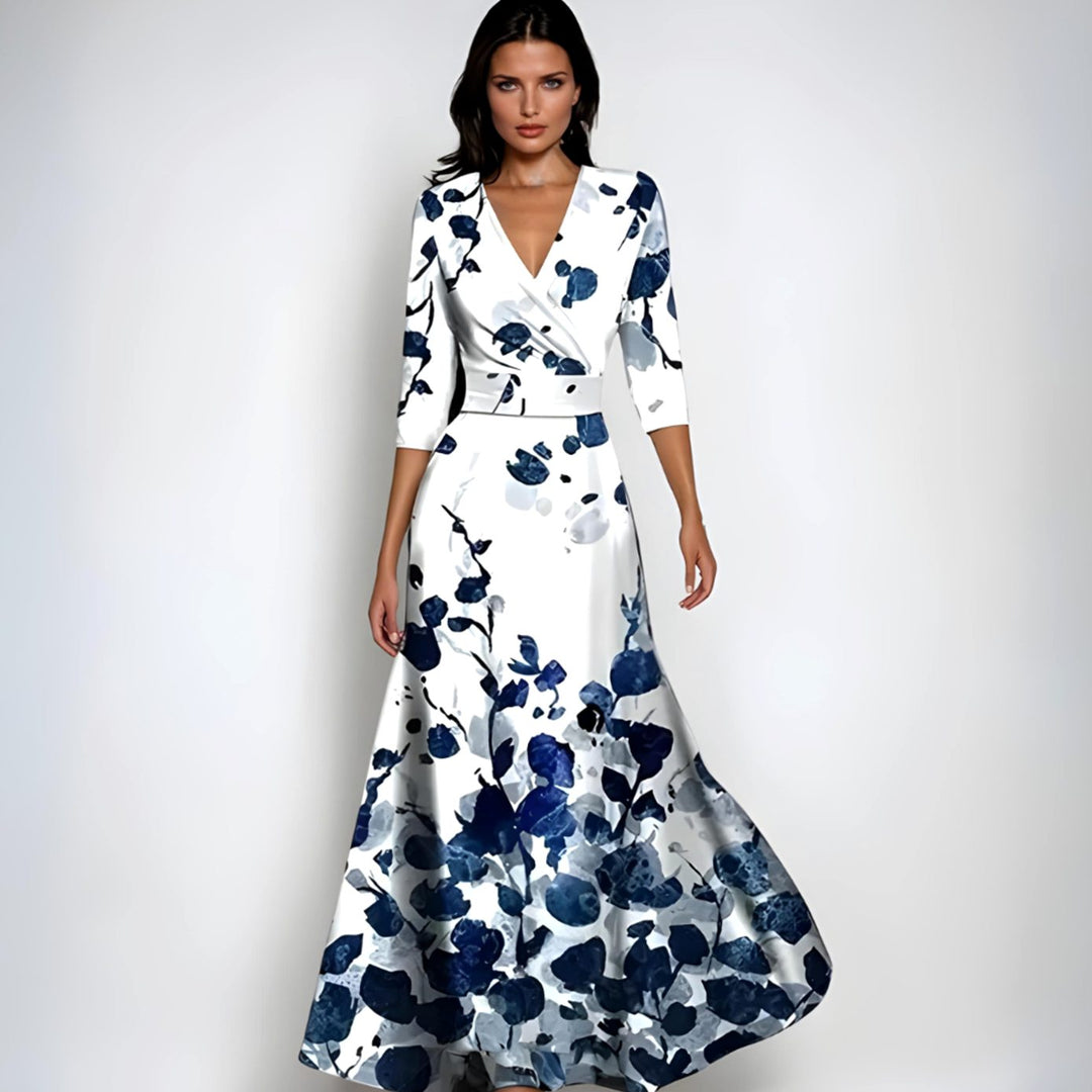 Women's Wrap V-Neck 3/4 Sleeve Maxi Floral Dress