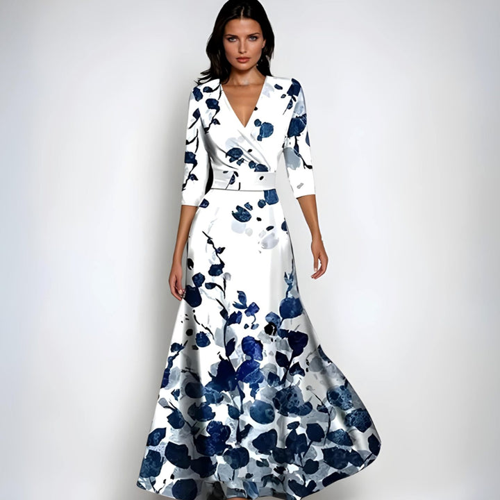 Women's Wrap V-Neck 3/4 Sleeve Maxi Floral Dress