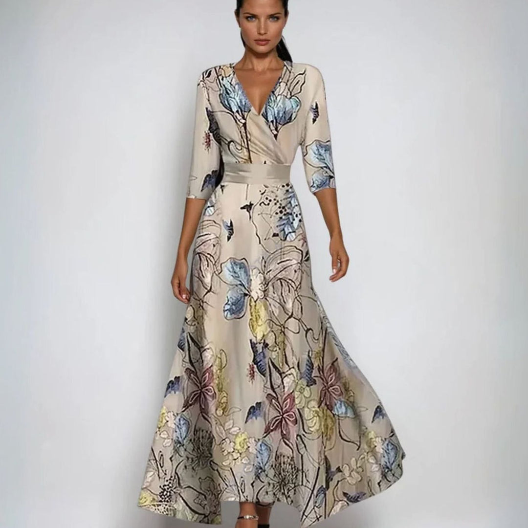 Women's Wrap V-Neck 3/4 Sleeve Maxi Floral Dress