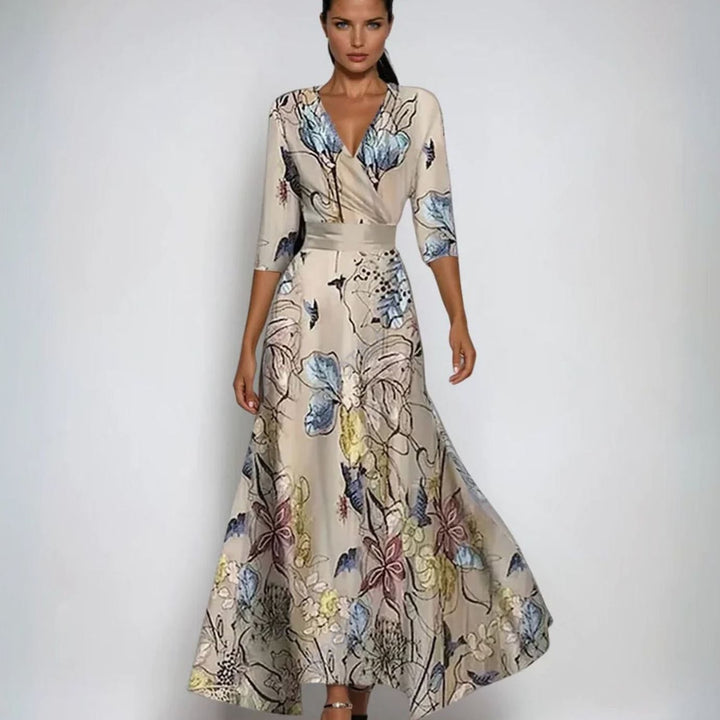 Women's Wrap V-Neck 3/4 Sleeve Maxi Floral Dress