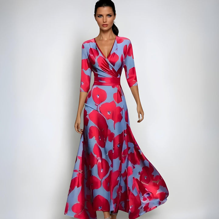 Women's Wrap V-Neck 3/4 Sleeve Maxi Floral Dress - Red/Blue