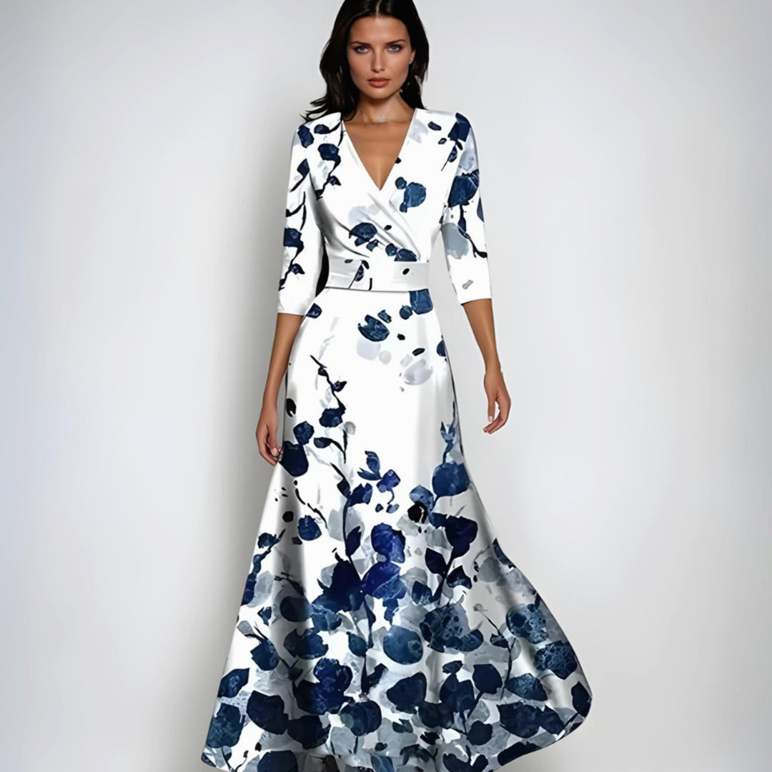 Women's Wrap V-Neck 3/4 Sleeve Maxi Floral Dress - White/Blue