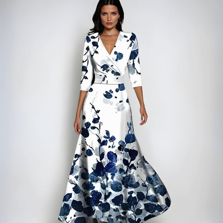 Women's Wrap V-Neck 3/4 Sleeve Maxi Floral Dress - White/Blue