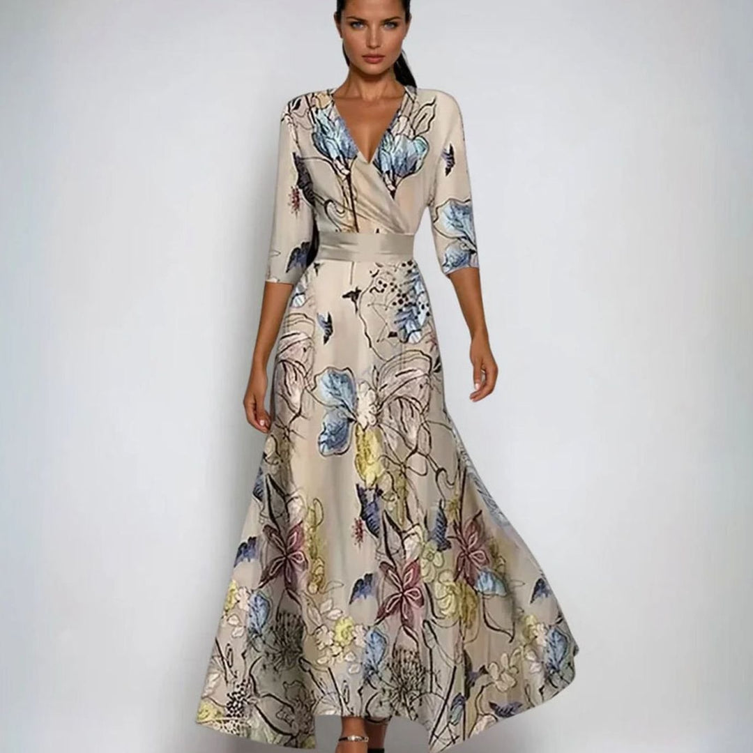 Women's Wrap V-Neck 3/4 Sleeve Maxi Floral Dress - Sand/Beige