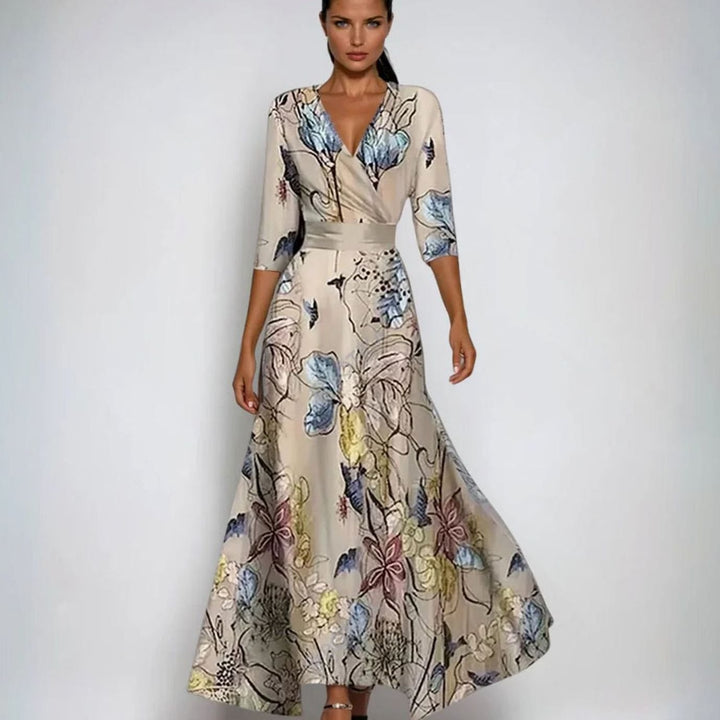 Women's Wrap V-Neck 3/4 Sleeve Maxi Floral Dress - Sand/Beige