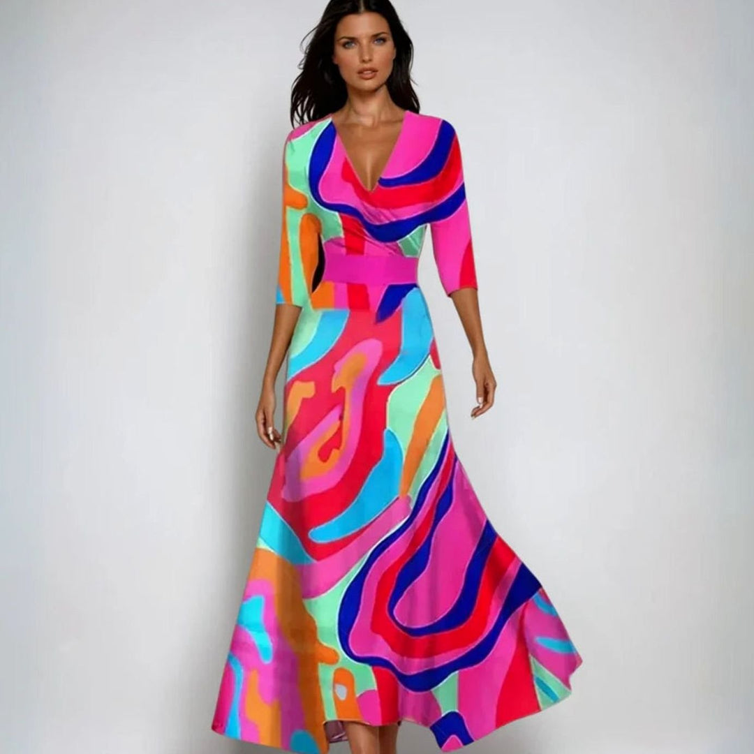 Women's Wrap V-Neck 3/4 Sleeve Maxi Floral Dress - Multicolor