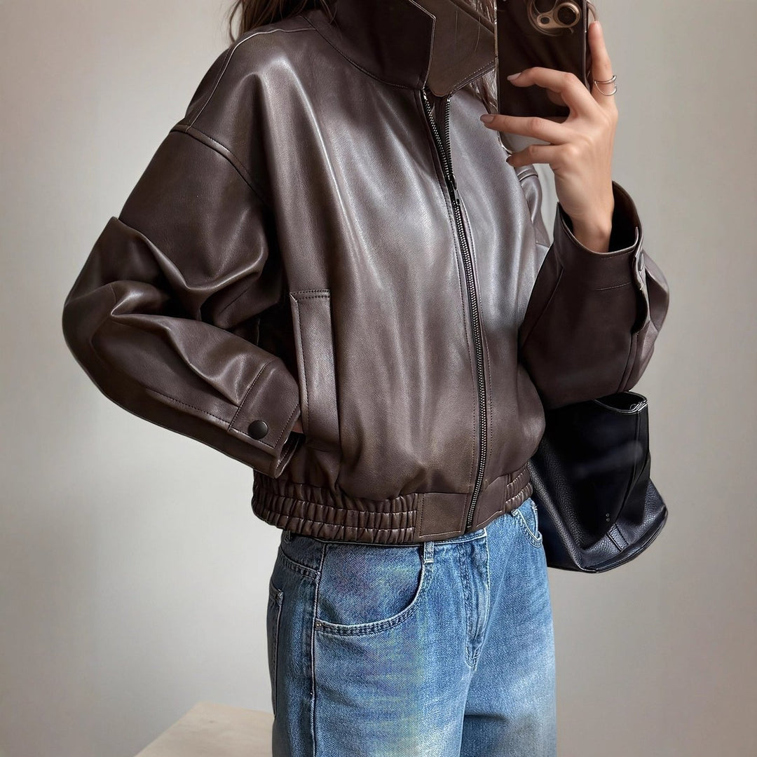 Women's Zip-Up Faux Leather Bomber Jacket Long Sleeve