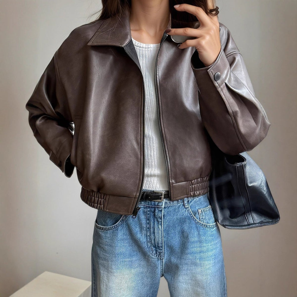 Women's Zip-Up Faux Leather Bomber Jacket Long Sleeve - Dark Brown