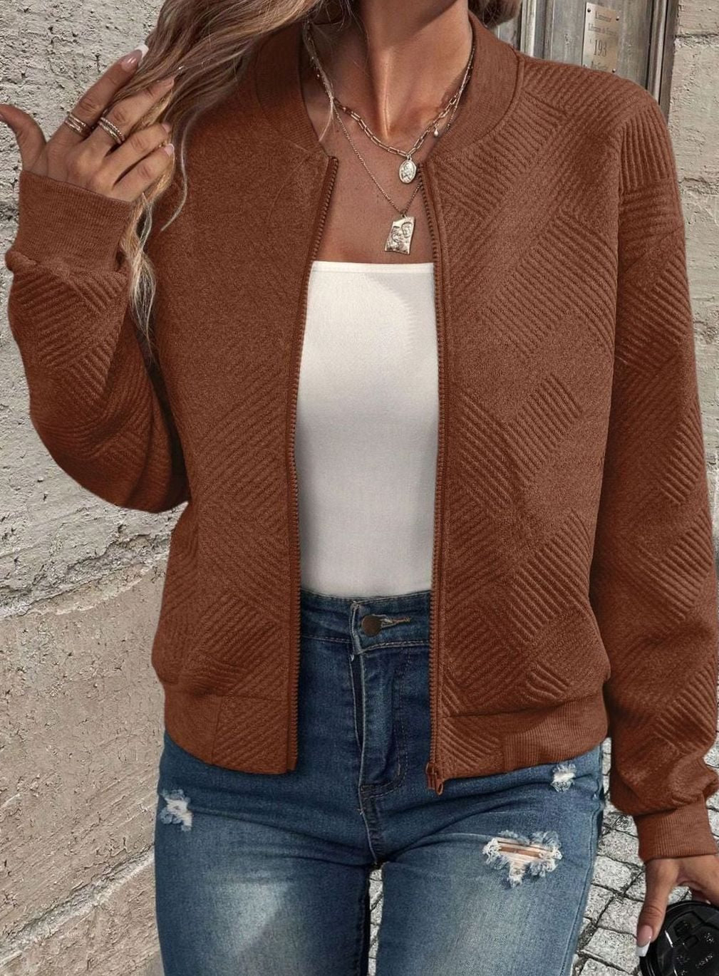 Women's Zip-Up Long Sleeve Cardigan Bomber Jacket - Brown