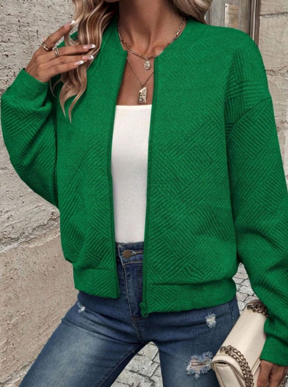 Women's Zip-Up Long Sleeve Cardigan Bomber Jacket - Green