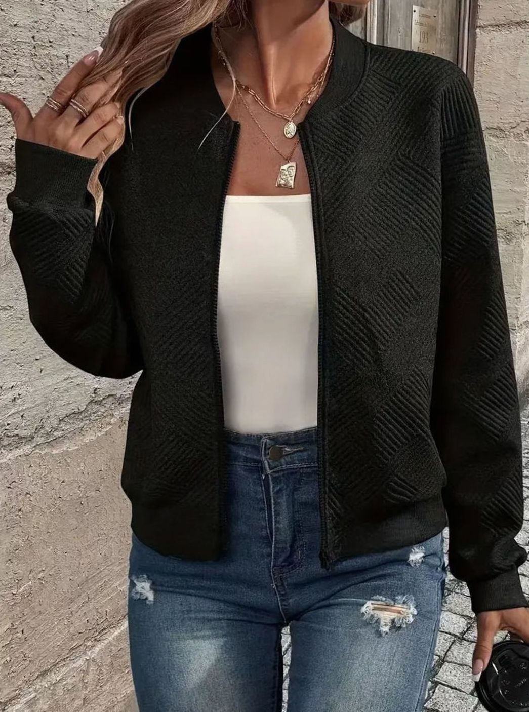 Women's Zip-Up Long Sleeve Cardigan Bomber Jacket - Black