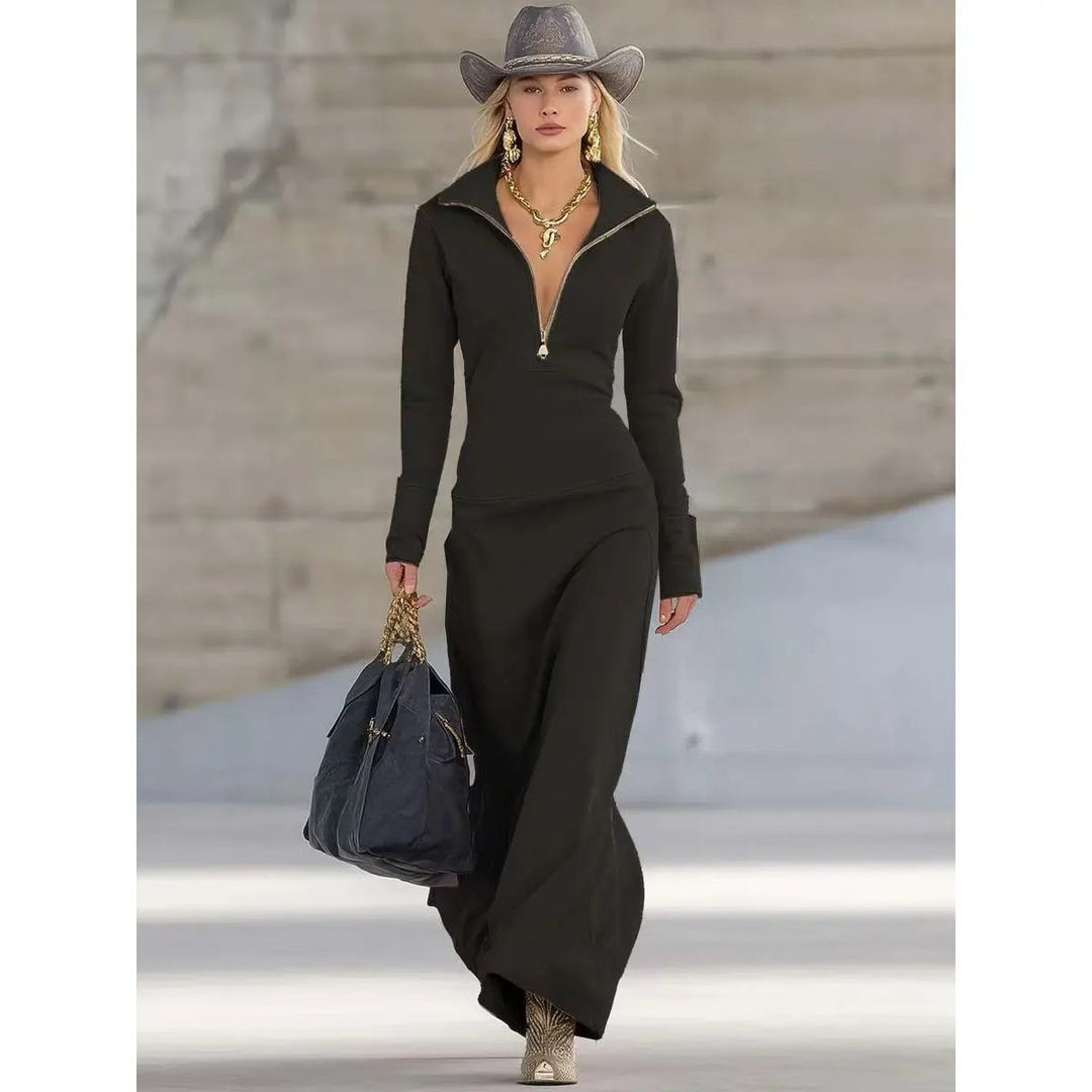 Women's Zip-Up Maxi Long Sleeve Dress Fitted Bodycon Polo - Black